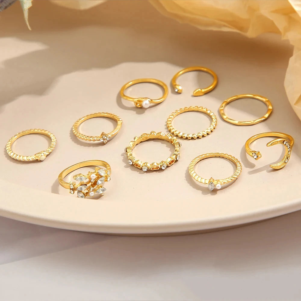 10 Pcs Rings Suit For Women Gold-color Chain Ring Set Bohemian Style Coin Snake Moon Star Party Trend Gift Jewelry